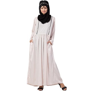 A-line contrast piping flare abaya- Light Pink